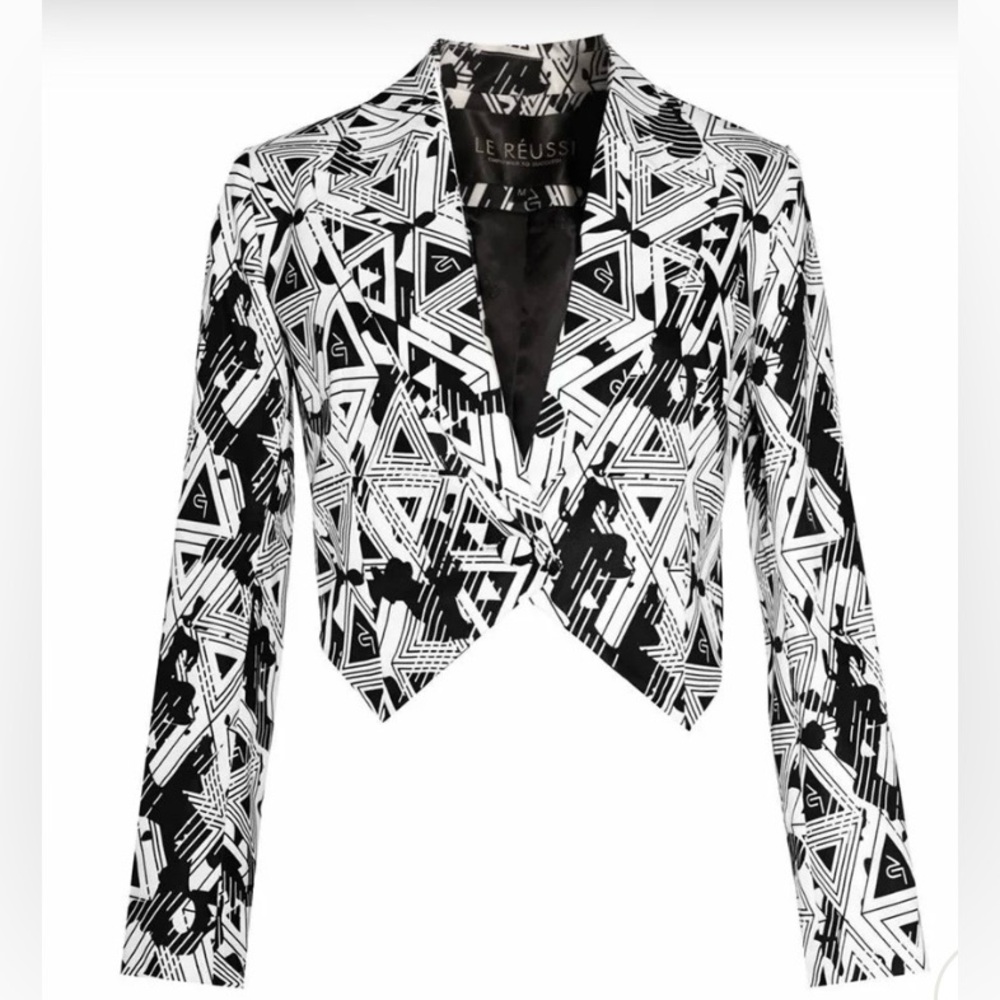 Nwot Le Reussi Amour Black & White Geometric Crop Blazer, Women Size L
